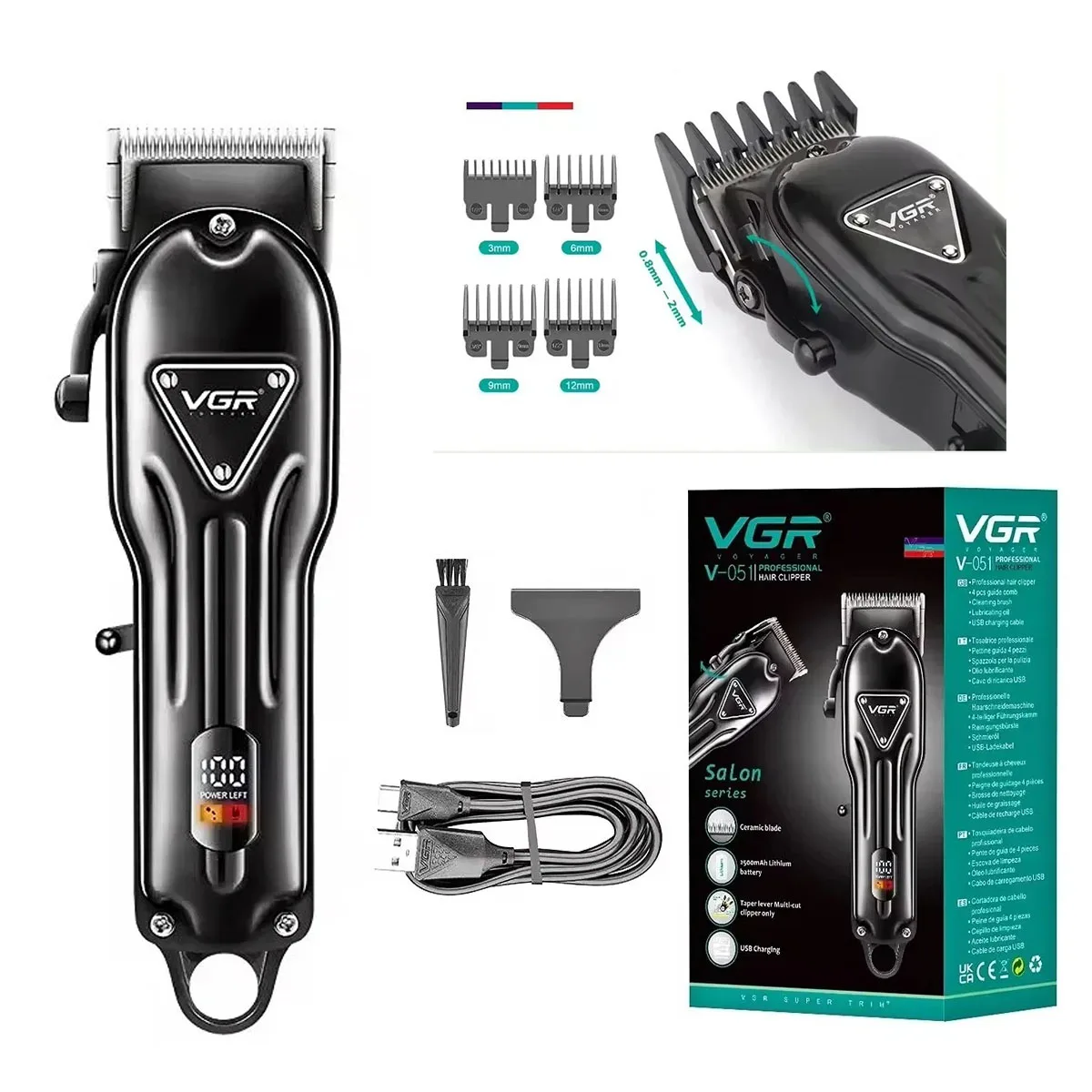 VGR Hair Clipper Professional Trimmer Rechargeable Haircut Machine Adjustable Clipper Barber LED Electric Hair Clipper Men V-051