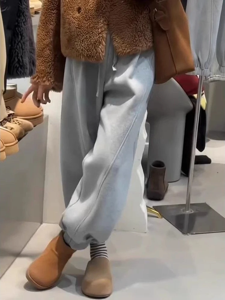Women's Warm Fleece Pants 2026 Fall Winter Korean High Waist Slimming Cuffed Hem Loose Casual Cropped Sweatpants