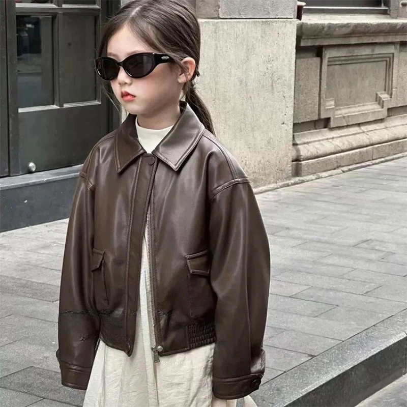 

Girls' leather jacket Spring and Autumn 2025 new stylish leather jacket, mid size children's top