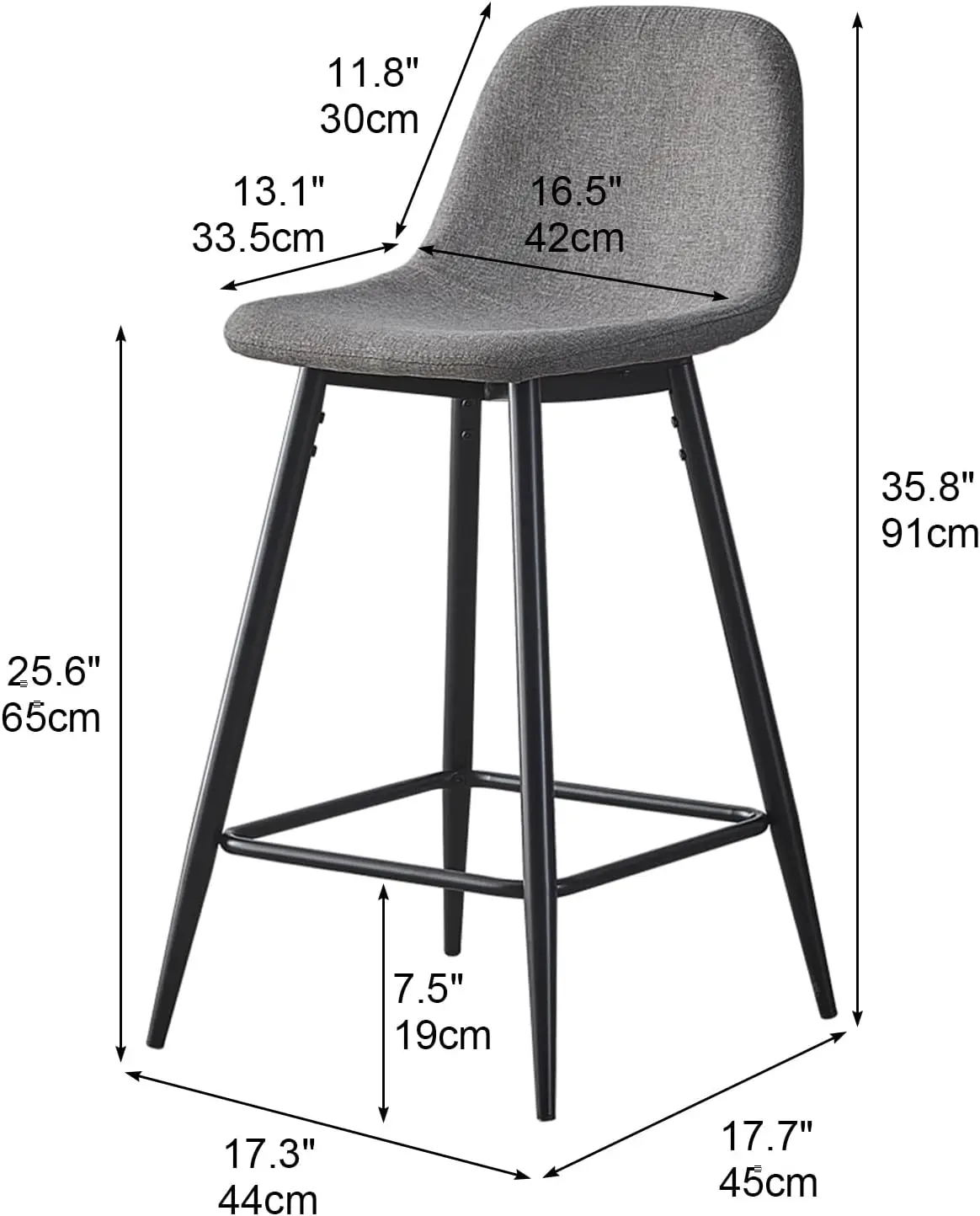 Tecido de linho Bar Stools Set, balcão altura Bar Stool com costas, pernas de metal resistentes, apoio para os pés, cadeiras de cozinha para casa, conjunto de 2, 26 in