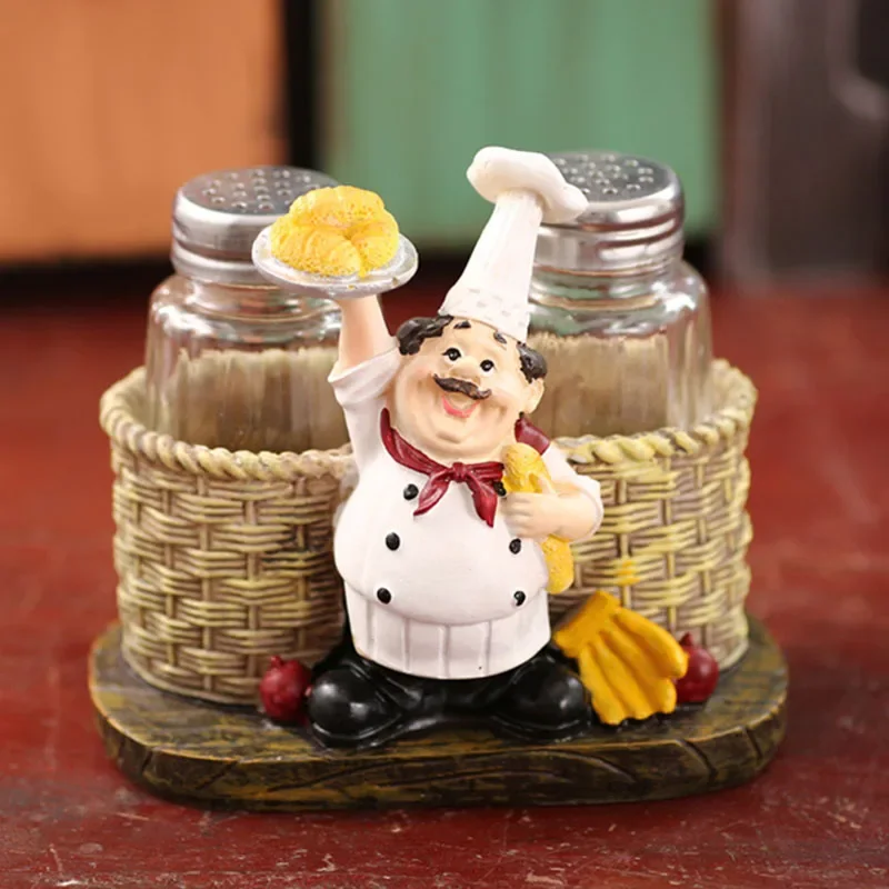 Resin Chef Statue Figurines Cake Bread Kichen Decorative Condiment Pepper Salt Bottle Home Decoration Gift Craft Figures