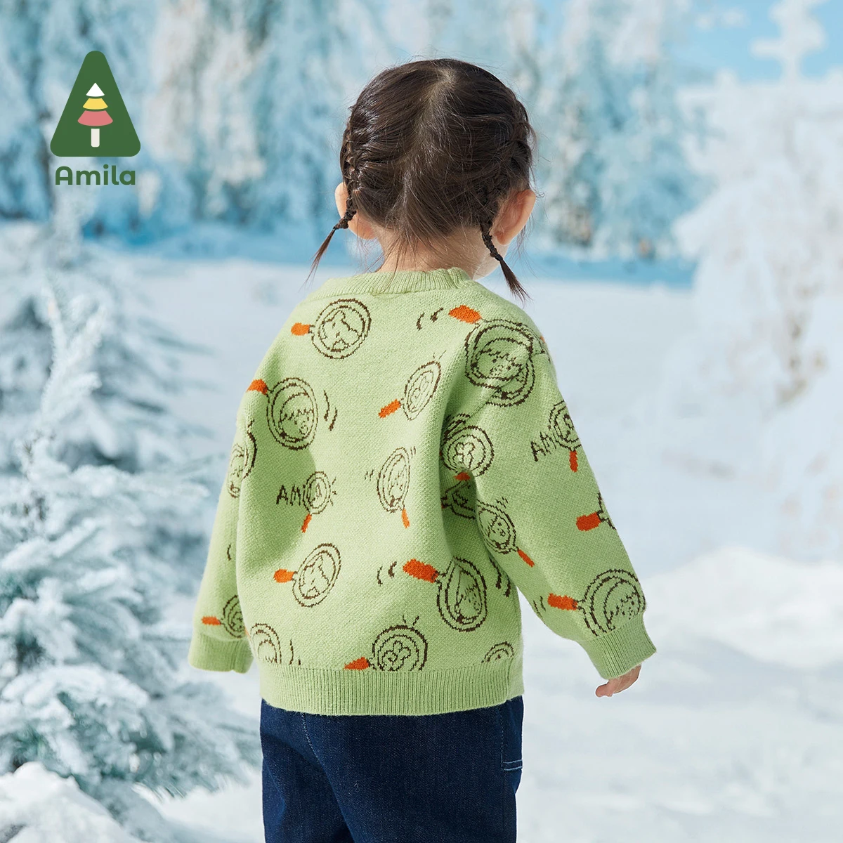 Amila Baby Sweaters 2024 Winter New Boys And Girls Cute Cartoon Print Round Neck Pullover Casual Sweater