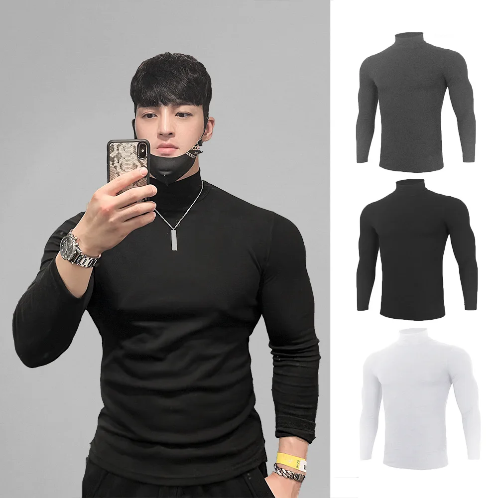 

Muscle Brothers Autumn Winter High Neck Long Sleeve Tights Men Training Solid Color T-shirt Sports Fashion Brand Fitness Clothes
