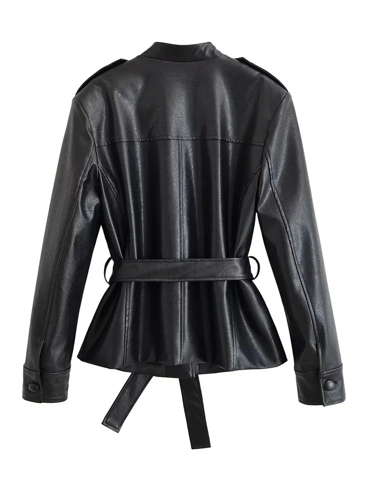 AACHOAE Women PU Leather Jacket Belted Waist Coat Stand Collar Button Front Long Sleeve Casual Vintage Faux Leather Outerwear