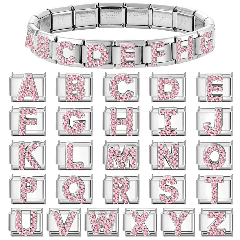Super Shiny Pink Zircon Letter Italian Charm Bracelet Stainless Steel Elastic Link Chain Fashion Jewelry DIY Making Accessories