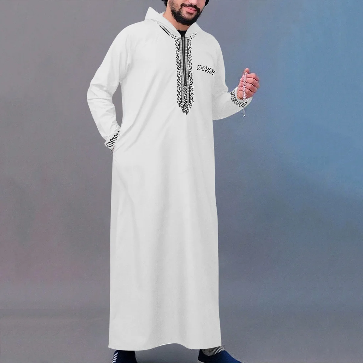 New Men's Loose Hooded Robe Luxury Men's Embroidered Long Sleeve Muslim Clothing Robe Juba Sobi