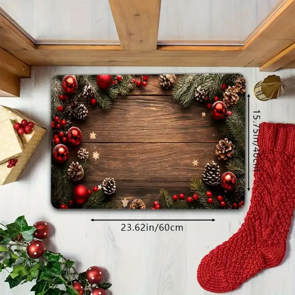 VIKAMA Christmas Rug Non-slip Soft Pine Branch & Berry Christmas Ball Pattern Holiday Welcome Entryway Decor Rug Home Decor