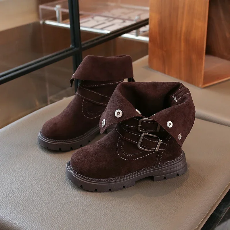 Toddler Girls Fold Over Ankle Boots, Metal Buckle Strap, Rivet Buttons, Non Slip Thick Sole for Autumn Daily Outdoor Wear