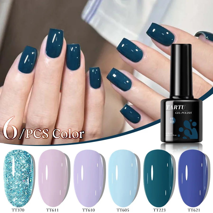 Zestaw 6-kolorowych lakierów do paznokci w żelu z brokatem w kolorach srebrnym, zielonym, białym, czerwonym i niebieskim. Jest odporny na wilgoć i chroniony przed promieniowaniem UV/LED.