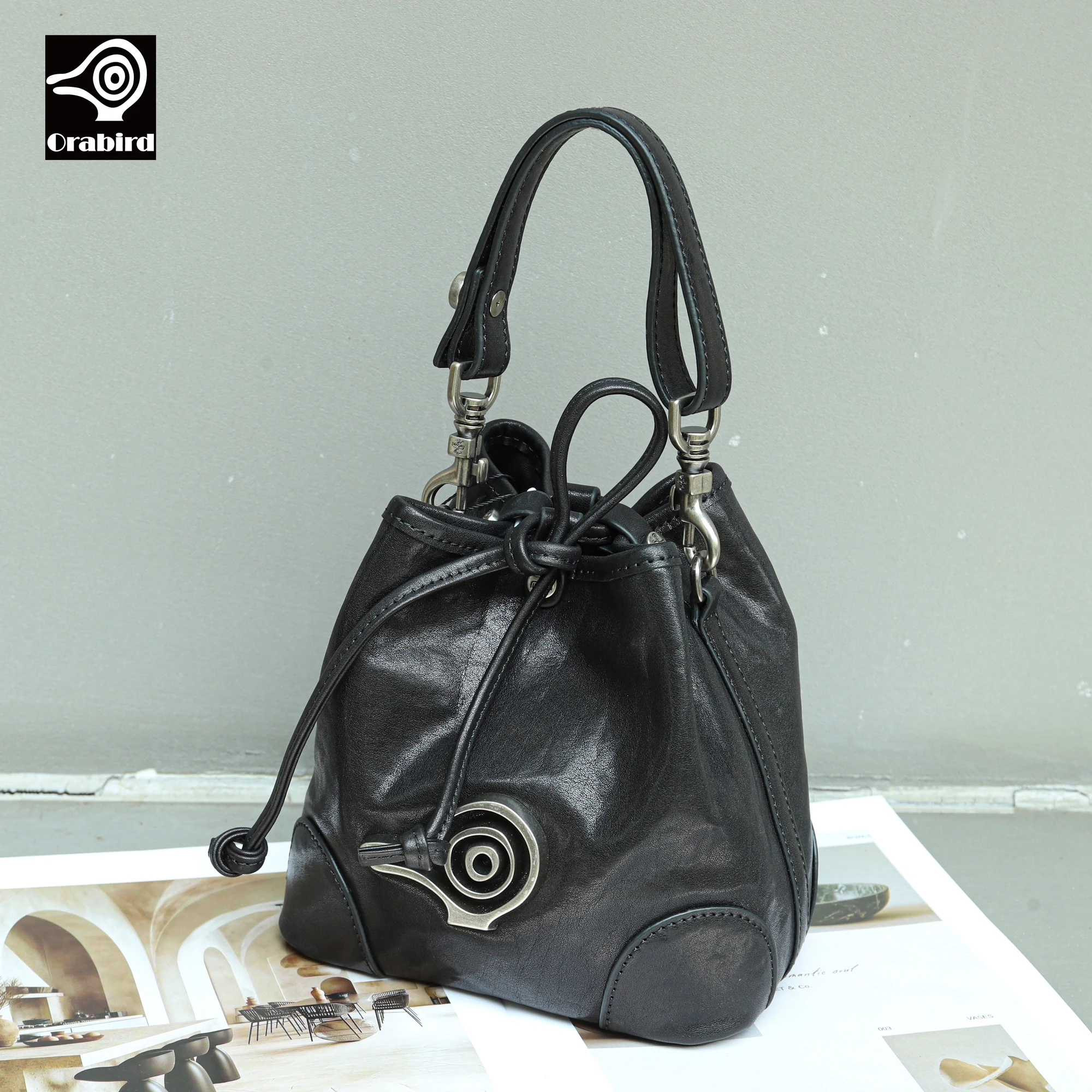 Orabird Luxury Black Bucket Bag for Ladies Cow Leather Crossbody Bag Fashion Designer Handbag