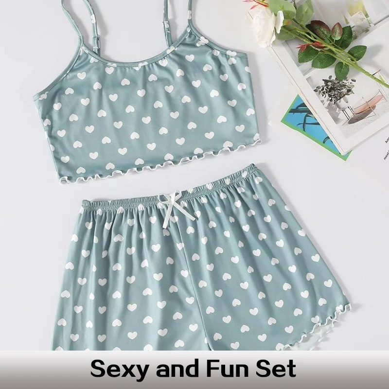 Summer New Blue Printed Love Two-Piece Set with Suspender Sexy Home Pajama Set Women\'s Casual Daily Printed Sleeveless Set