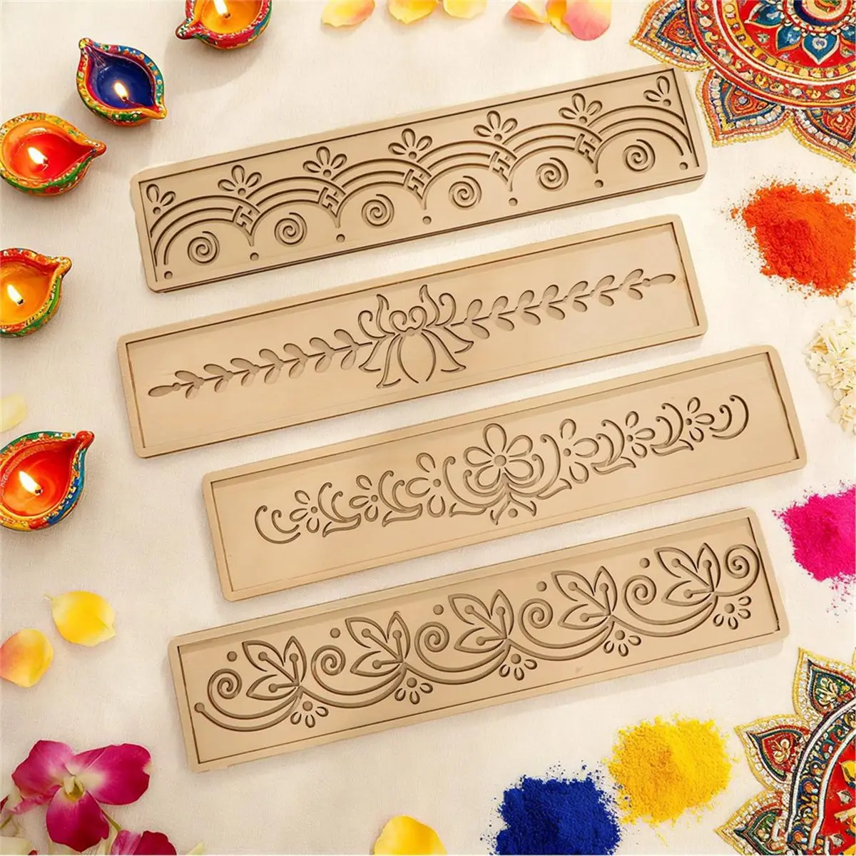 2026 Trend 8 Pcs 12 Inch Diwali Stencils Wooden DIY Sand Art Making Kit Elephant Stencils Varalakshmi Pooja