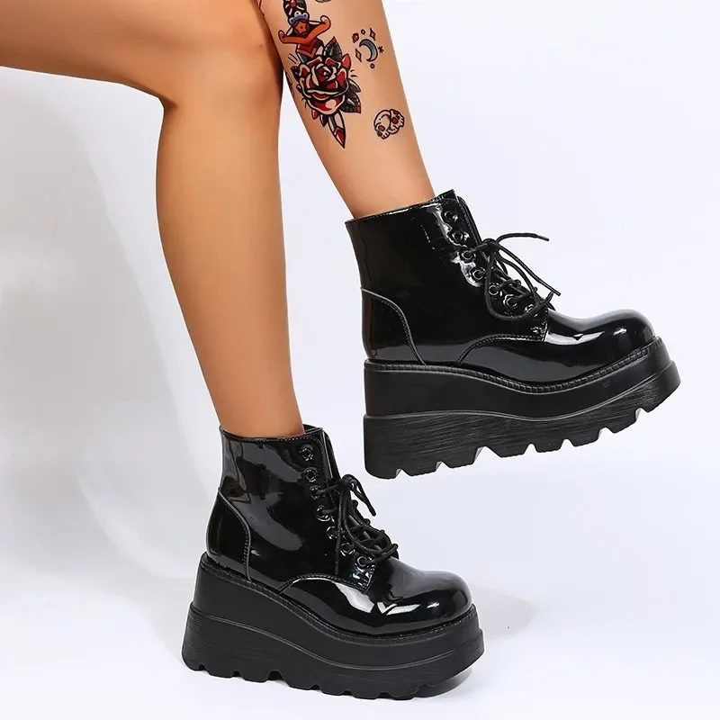 Women Boots High TopThick Sole Winter Slope Heel Lace Up Ankle Boots Women Shoes Bright Black Light Bling Black Chaussure Femme