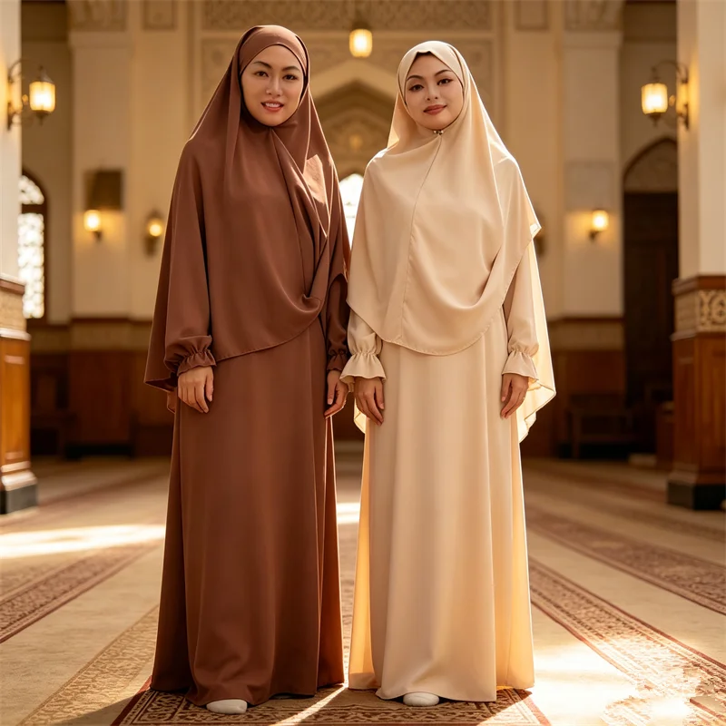 

2Pcs Eid Ramadan Hooded Tops Abaya Muslim Women Prayer Garment Islam Clothing Overhead Khimar Abaya Turkey Kaftan Dress Djellaba