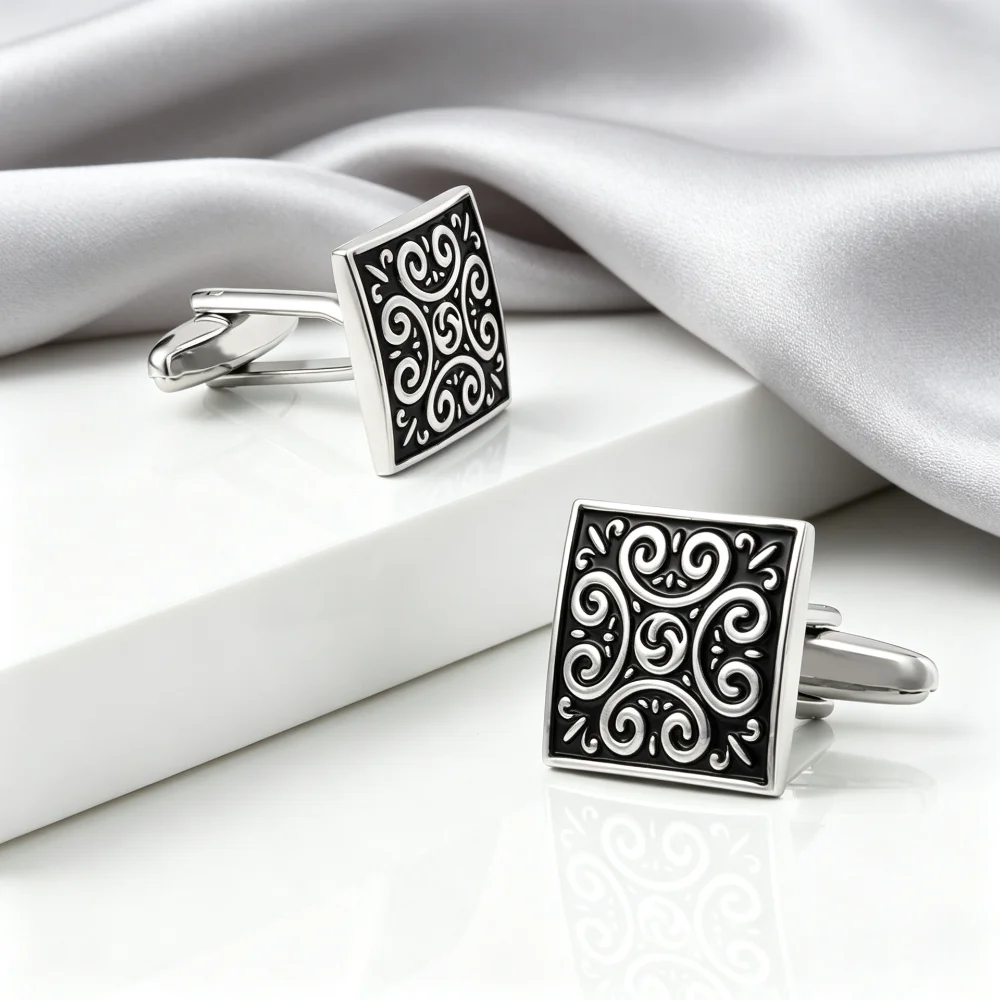 Vintage Square Cufflinks for Men Black Enamel Swirl Pattern Mens Cuff Links Formal Business Wedding Dress Shirt Accessories Gift