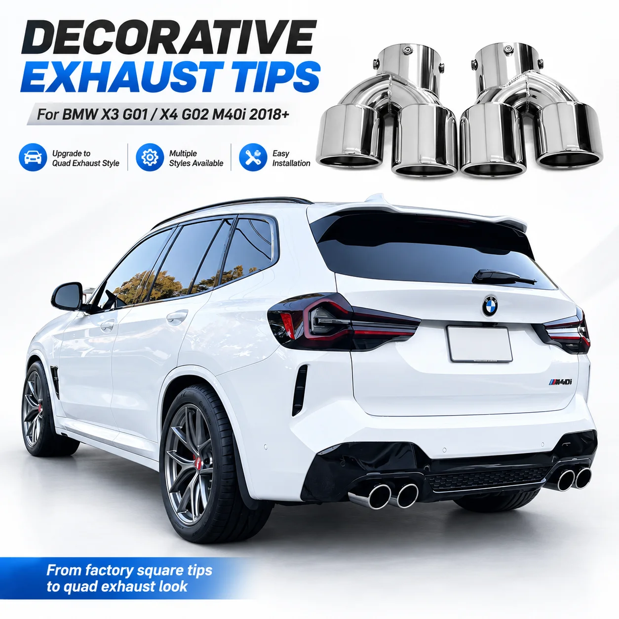 Vierfach-Auspuffblenden für 2018-2021 BMW X3 G01 X4 G02 M40i, quadratische auf 4-Auslass-Endrohre, Upgrade aus Edelstahl, ohne Diffusor-Änderung