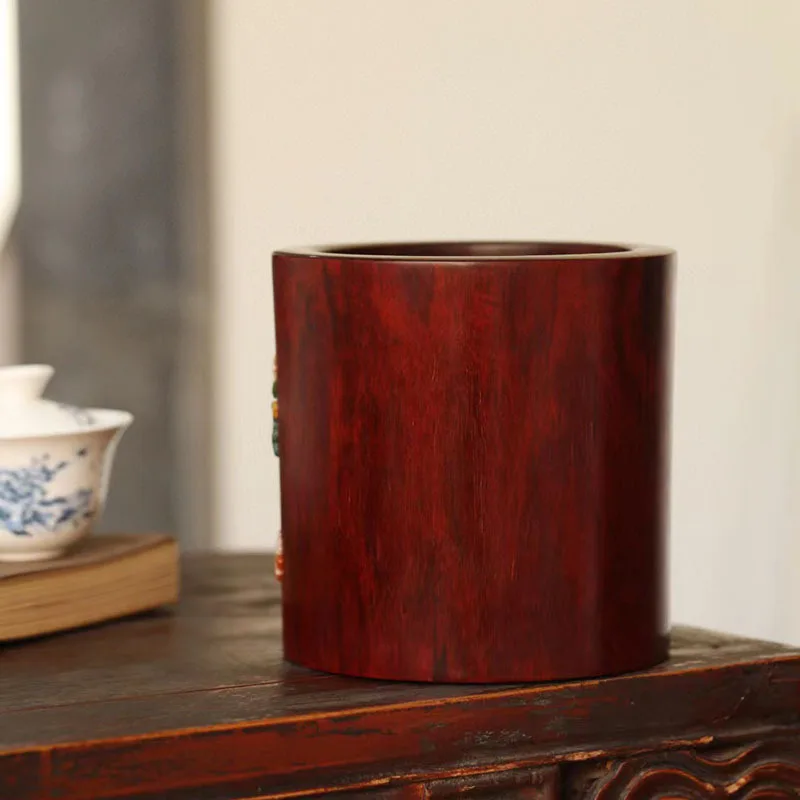 Red sandalwood treasure inlaid Qi Mei birthday pen holder hand-dug whole wood study room ornament