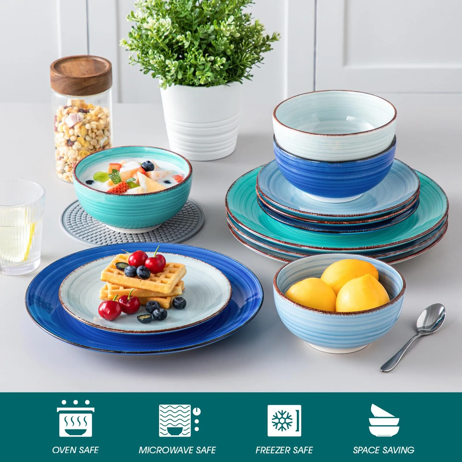 طقم أدوات مائدة سيراميك طقم أواني طعام أنيق مكون من 12 قطعة من الخزف الحجري الأزرق لـ 4 تصميمات حديثة مرسومة يدويًا #5