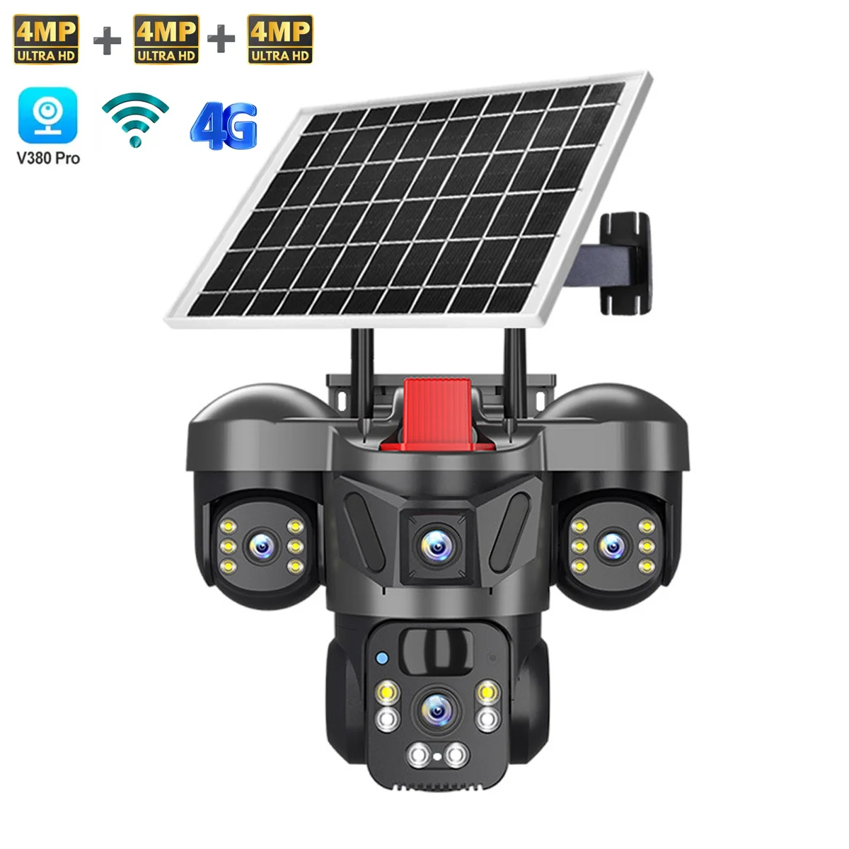 

4G LTE Solar Security Camera 3 Lens, 8000mAh Non-Stop Power PIR Human Detection, 355° Rotation Two-Way Audio SIM/TF Card Support