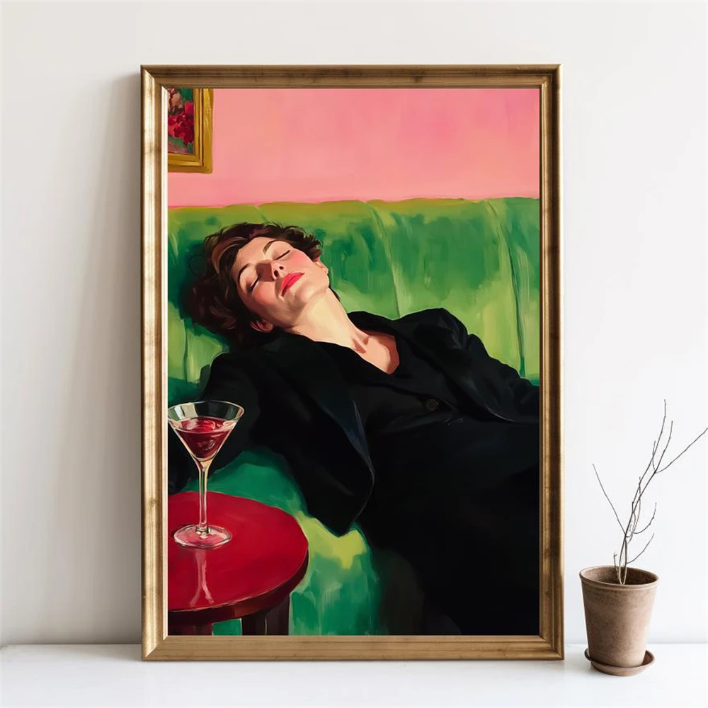 Vintage Woman With Wine Wall Art Print Elegant Feminine Portrait Poster Modern Boho Canvas Painting Black Woman Floral Wall Art