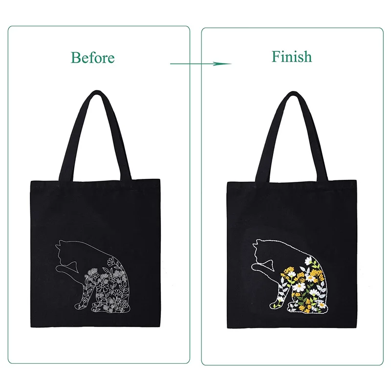 Beginner Canvas Tote Bag Embroidery Kit for Beginner Cat Pattern Cross Stitch Kits Including Stamped Embroidery Bag Hoops Needle