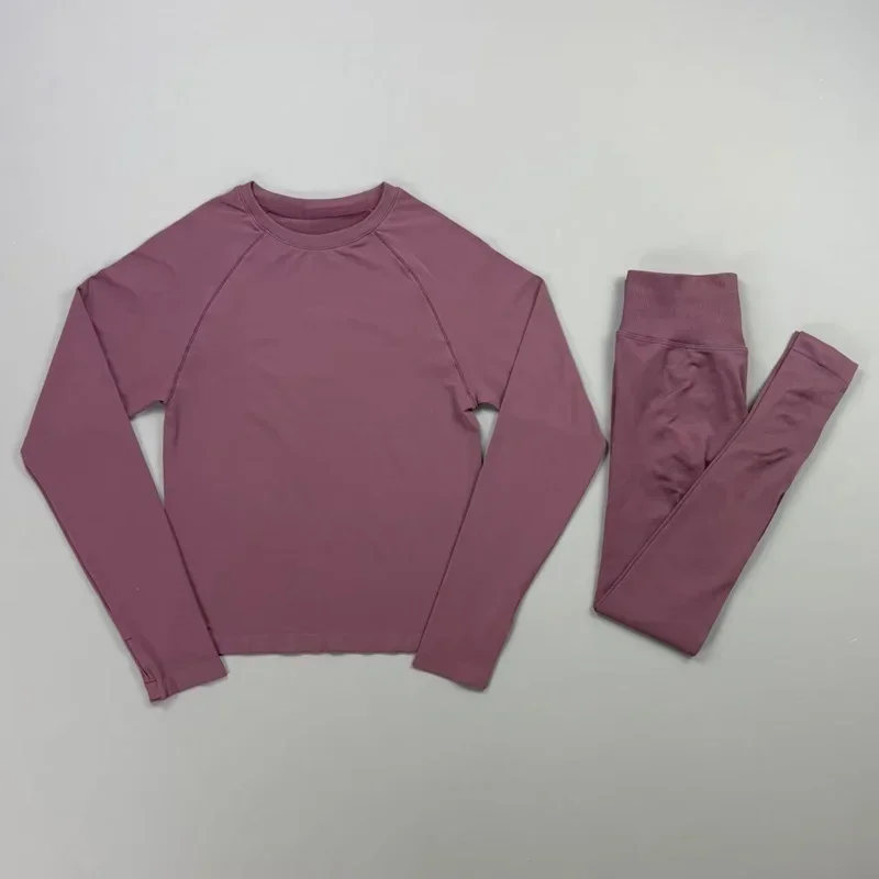2-teiliges Gym-Set für Damen: Rundhals-Shirt mit Daumenlöchern, Langarm, Slim Crop Shirt, Scrunch Butt Leggings, Dehnbarer Weicher Yoga-Pilates-Anzug – Detail 10