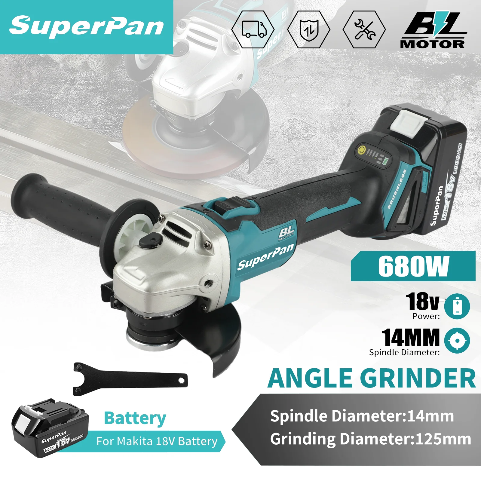 

SuperPan DGA504 125mm Cordless Electric Angle Grinder Power Tool Fits Makita 18V Battery Specs For Grinding Polishing Metal Wood