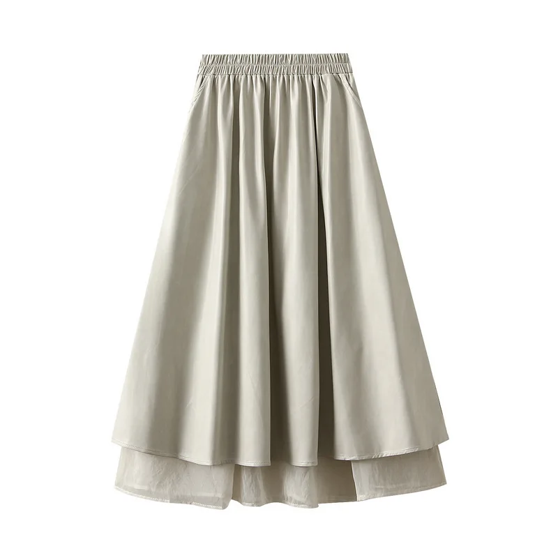New In Fake Two-piece PU Leather Midi Skirts For Women 2025 Autumn Winter Trendy Elegant A-line Skirt With Pockets 