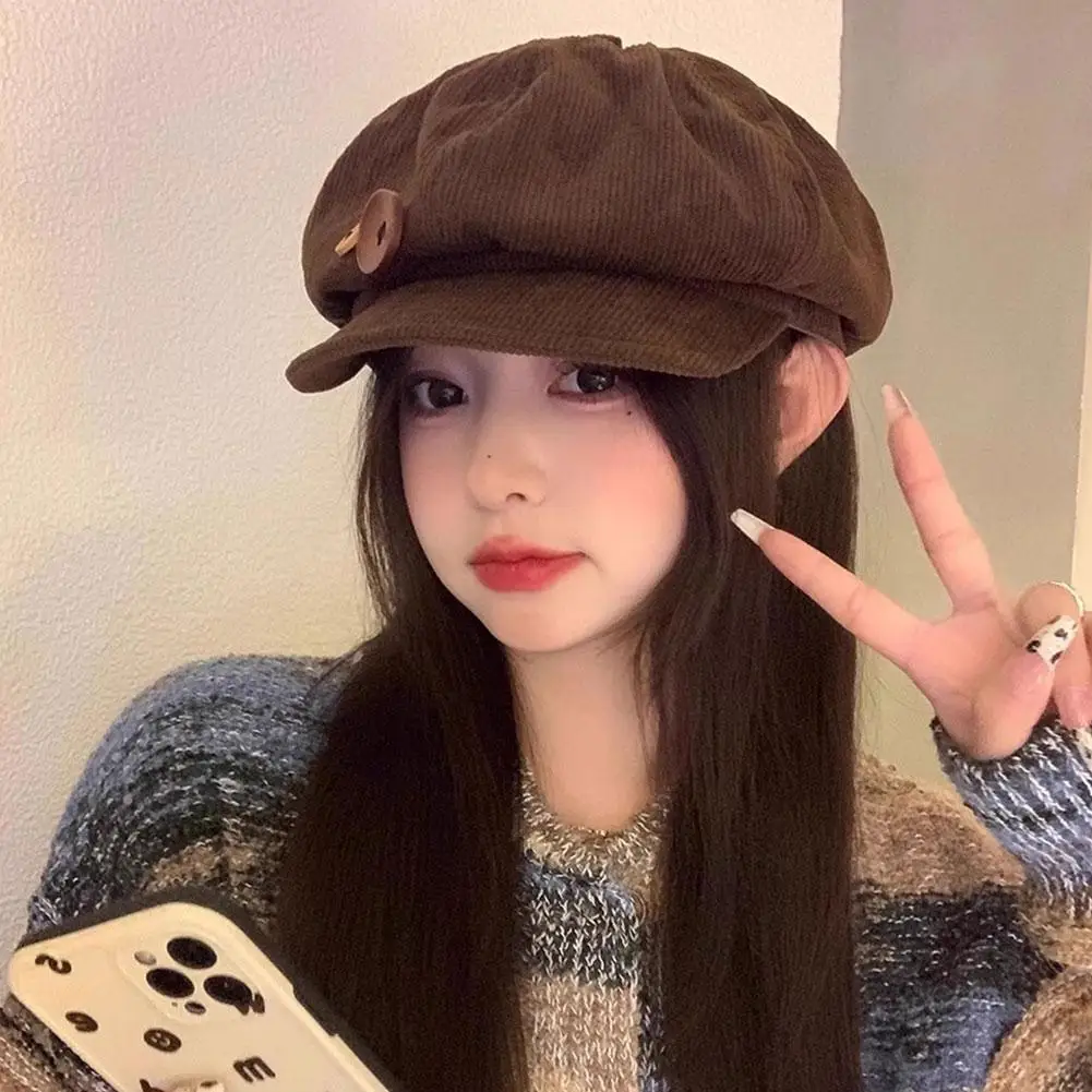 Retro Button Corduroy Octagonal Cap For Women Painter Artist Hat Japanese Girls Brown Peaked Caps Autumn Winter Berets