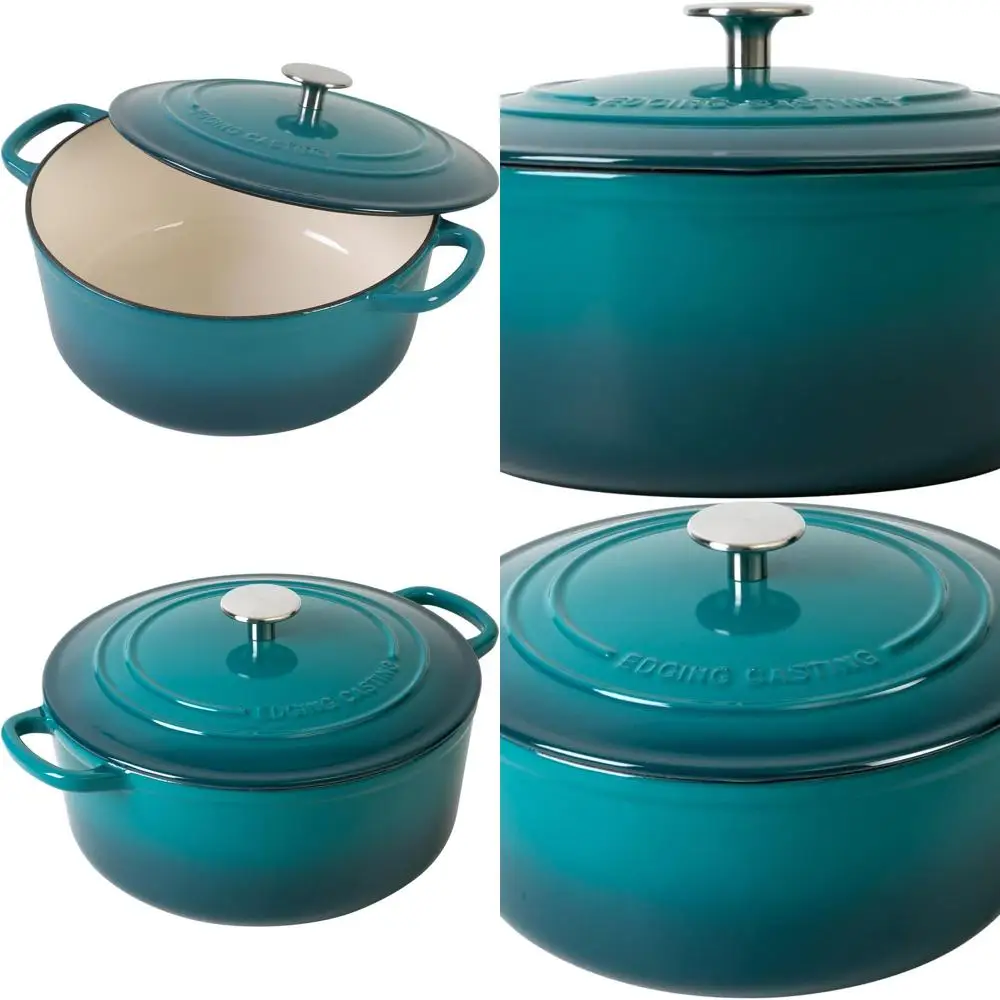 

7-квартная круглая голландская духовка с чугунной эмалью и крышкой для выпечки хлеба и приготовления пищи, двойные ручки, темно-голубой