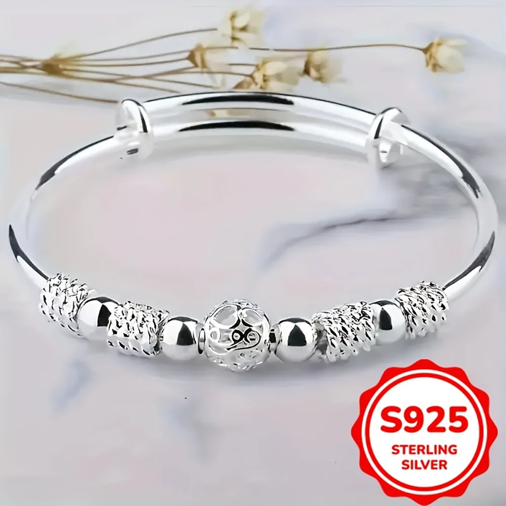 

925 Sterling Silver Beaded Bangle for Women, Stylish and Elegant Adjustable Bangle, Party Gift Accessory Jewelry
