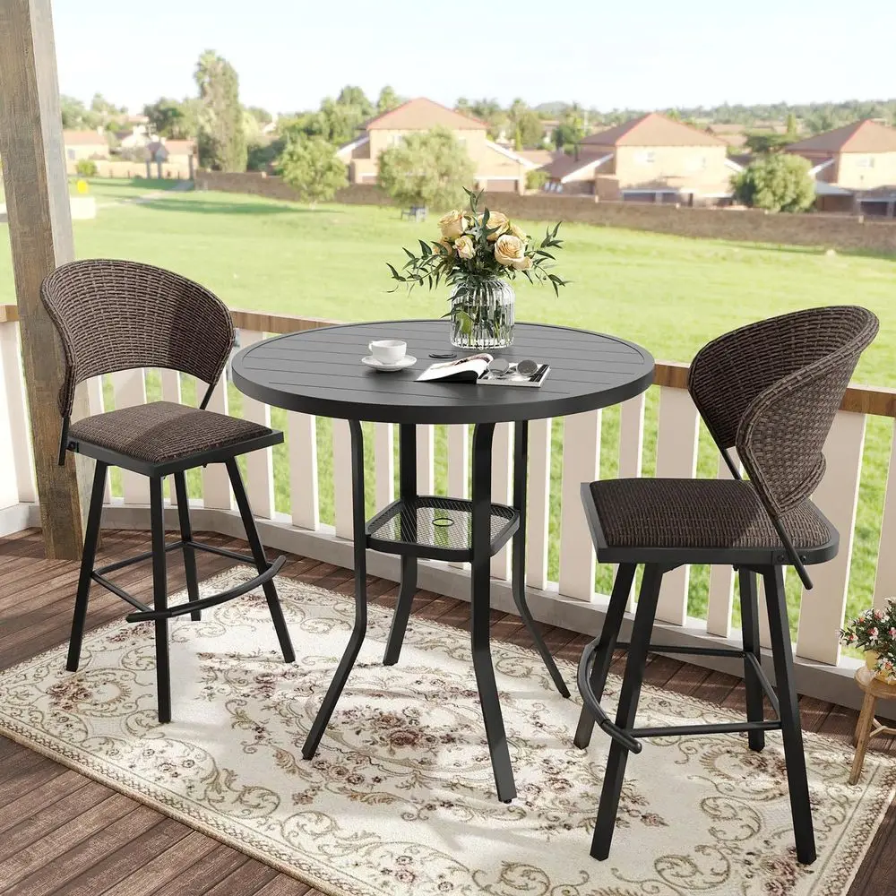 2-Piece Outdoor Wicker Swivel Bar Stools with 35.5 Black Metal Round Patio Table Set