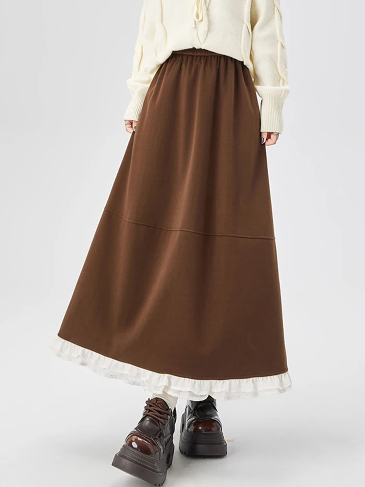 

Кружевная лоскутная длинная юбка из искусственной шерсти, женская милая винтажная элегантная юбка с высокой талией, корейский консервативный стиль, осенне-зимняя повседневная юбка