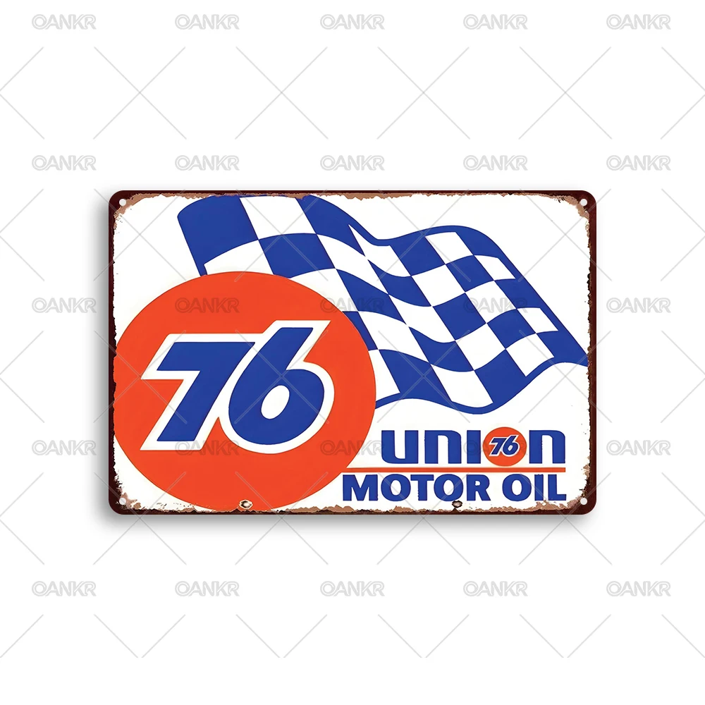 Rustic Vintage Fuel & Motor Oil Metal Tin Sign, Retro Checkered Flag Wall Decor for Garage Man Cave, Chic Gift Home Wall Art