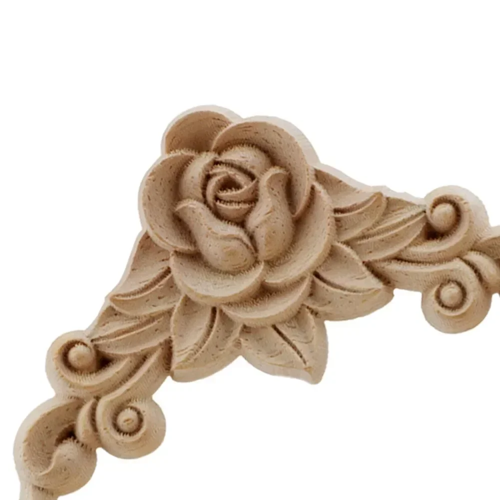 Wood Carved Corner Onlay Applique Natural Exquisite Floral Wooden Furniture Decoration Accessories Vintage Flower Design Decor