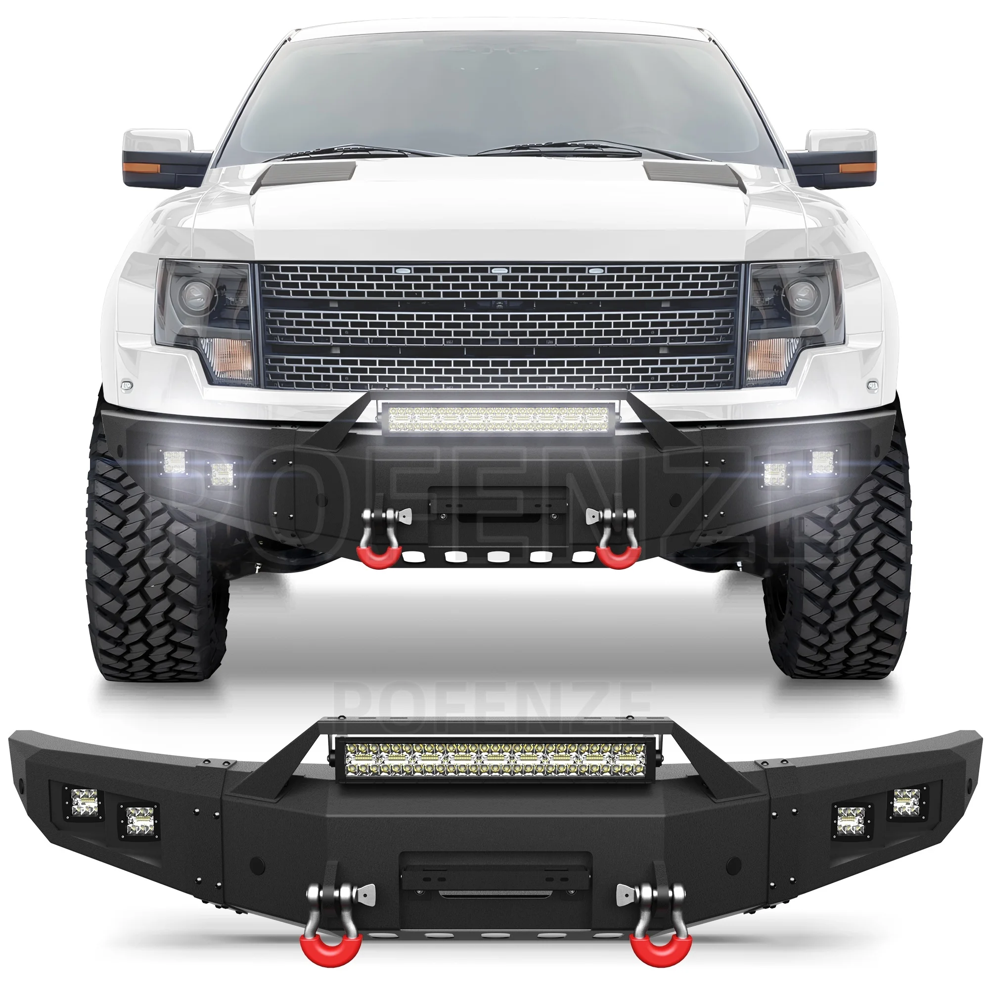 

F150 Front Bumper Winch Plate, 144W Light Bar, 4x18w Lights, D-rings, License Plate Bracket for 2010-2014 Ford F150 SVT Raptor