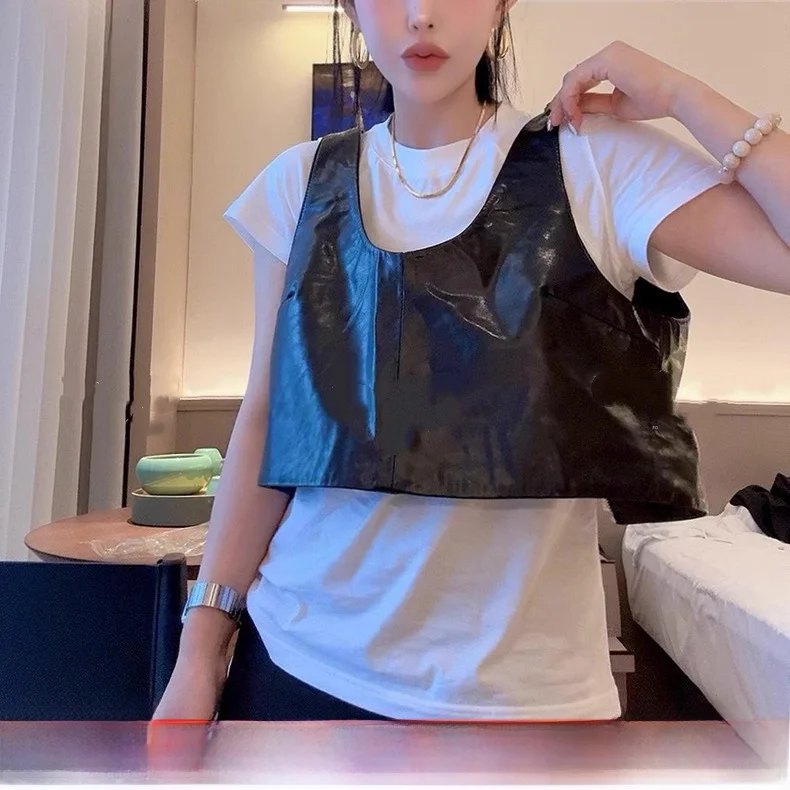 

Модный жилет из натуральной кожи, круглый, облегающий, на молнии, с подплечниками, универсальный, из телячьей кожи, стильный