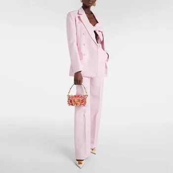 בלזר ורוד לבן נשים אלגנטי חריץ דש מתאים דק 2 מכנסיים ז 'קט סטים תלבושות באיכות גבוהה