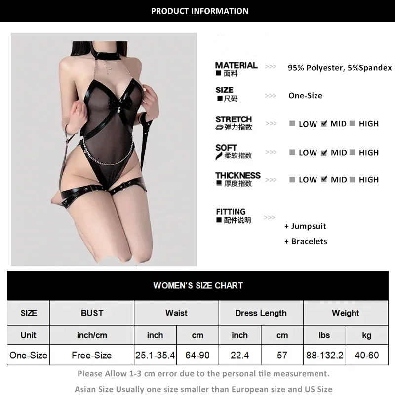 Bdsm Suit Women Sexy Lingerie PU Leather Handcuffs Bracelets See-through Bodysuit with Wrist and Leg Ring Erotic Set