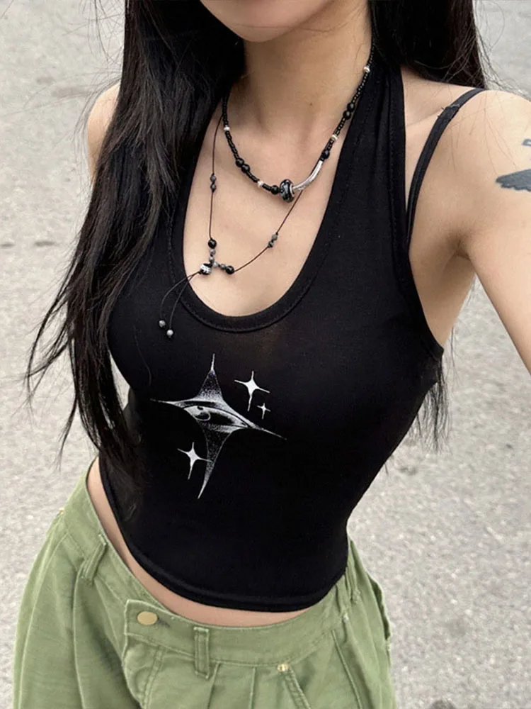 Top donna Y2k devil's Eyes Retro Print Hanging Neck bretella gilet donna estate moda coreana Slim e dimagrante Top corto