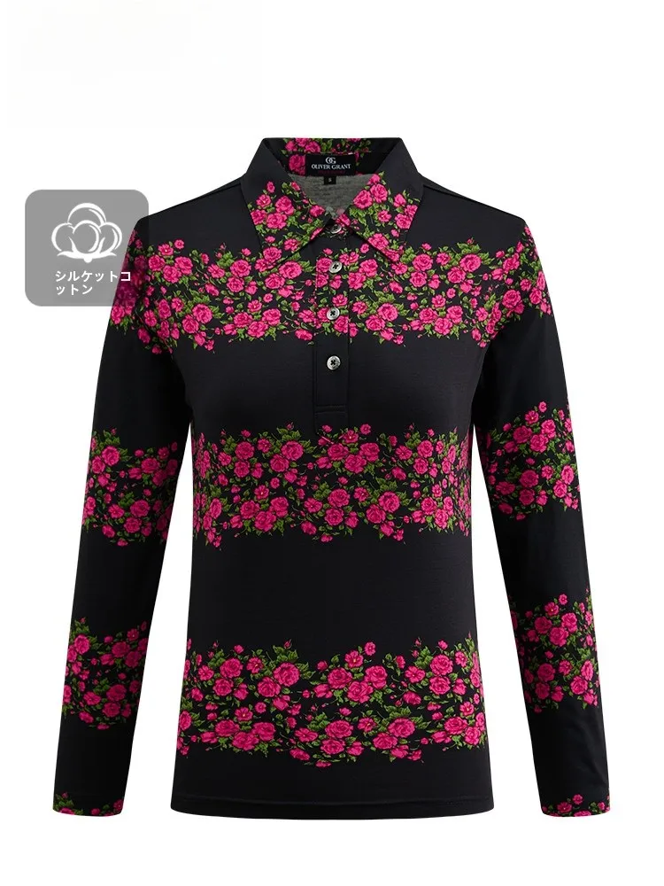 Camiseta de Algodão Tricotada de Manga Longa Oliver Grant Royal Rose para Mulheres, Estampa Clássica, Estilo Britânico, Moda para o Dia a Dia, Vestuário de Outono