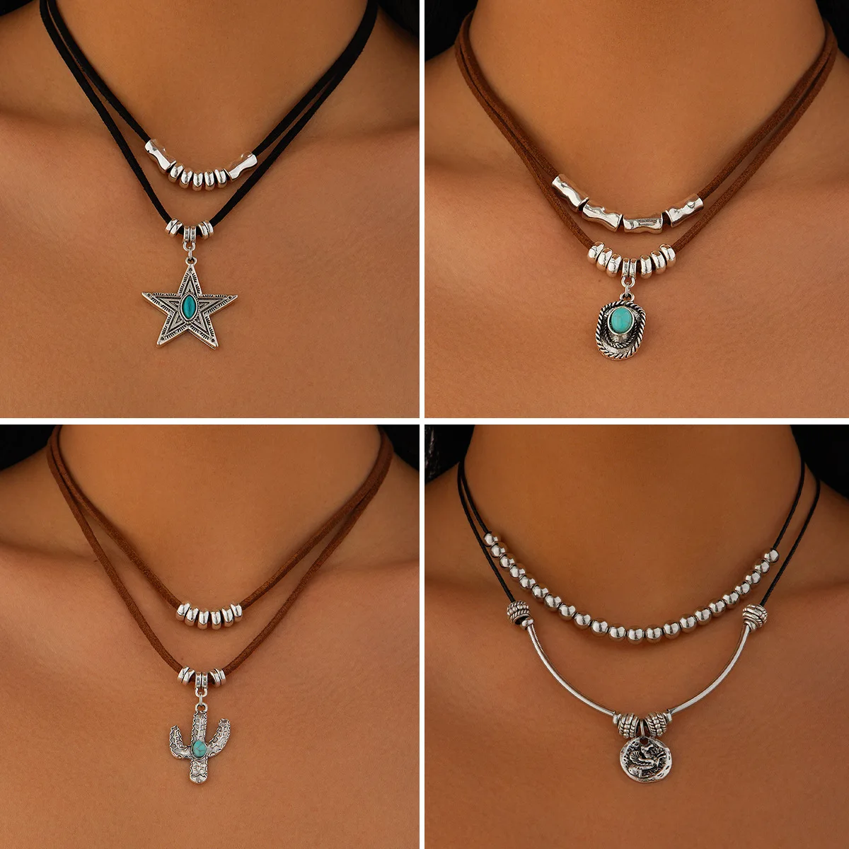 Choker Classic Metal Heart Velvet with Irregular Turquoise Cactus Pendant Lightweight Durable Adjustable Jewelry for Women