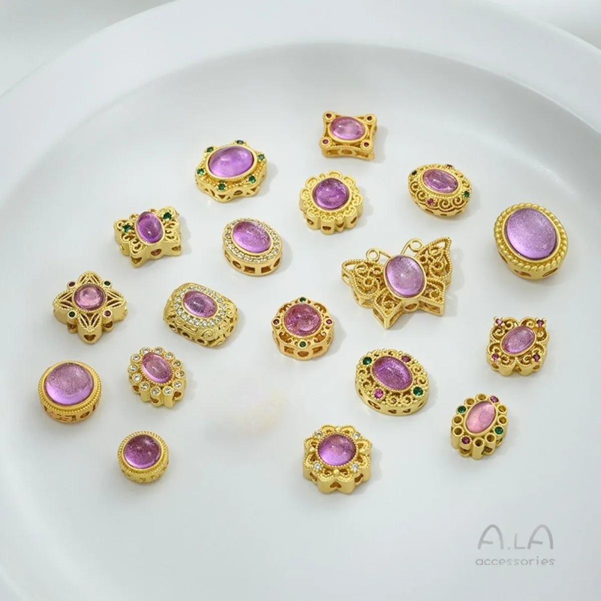 Brass Matte 18K Gold Tone Imitated Crystal Purple Cat Eye Multi Hole Spacer Beads DIY Jewelry Making Findings