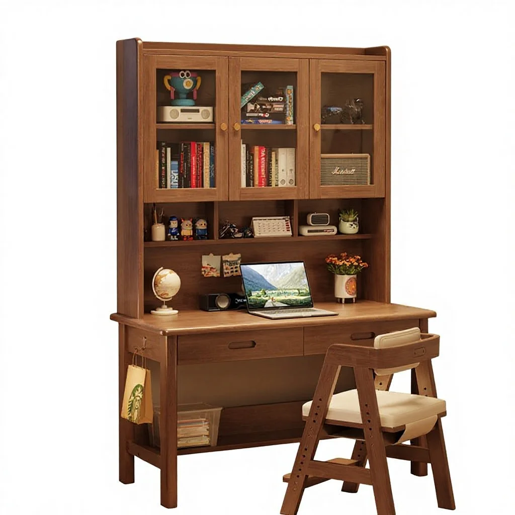 

#@Solid Wood Minimalist Modern All-in-one Desk with Bookshelf for Home Bedroom Study Use