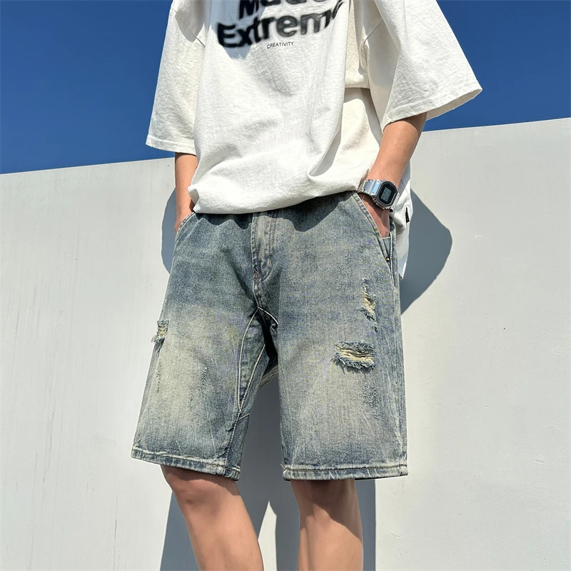 

2024 Summer Men's Fashion Pocket Baggy Jeans Shorts Male Loose Straight Holes Shorts Men Streetwear Denim Short Pants F66