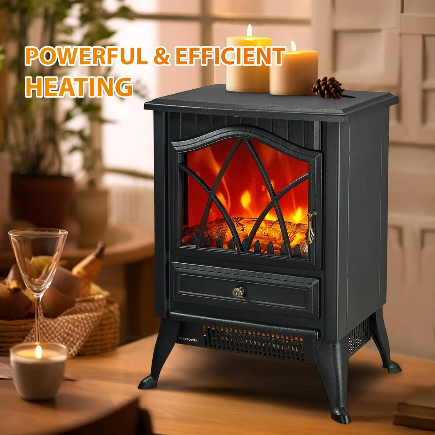 Fogão elétrico autônomo, 1500W com chama LED 3D realista, brilho e termostato ajustáveis, 2 configurações de calor, O