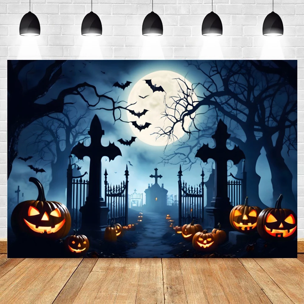 Holloween Backdrop Castle Full Moon Ghost Witch Grave Bat Pumpkin Lantern Adult Kid Portrait Photography Background Decor Banner