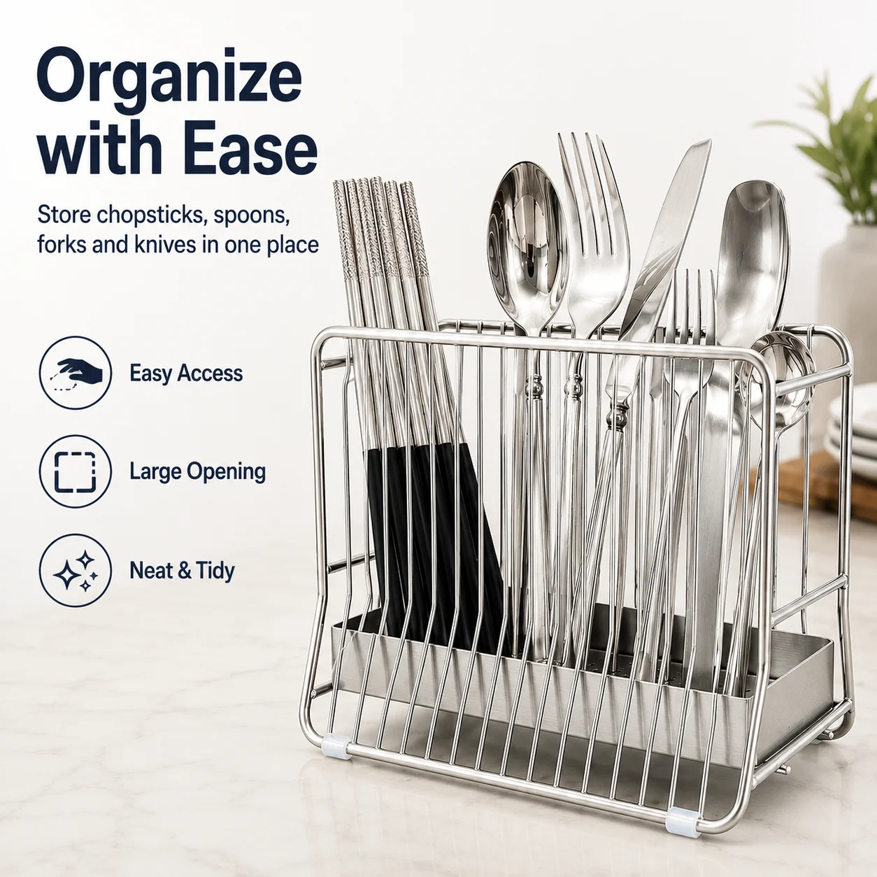 304 Stainless Steel Chopstick Holder with Drain Tray, Ventilated Cutlery Rack for Spoons Forks Knives and Kitchen Counter view 5