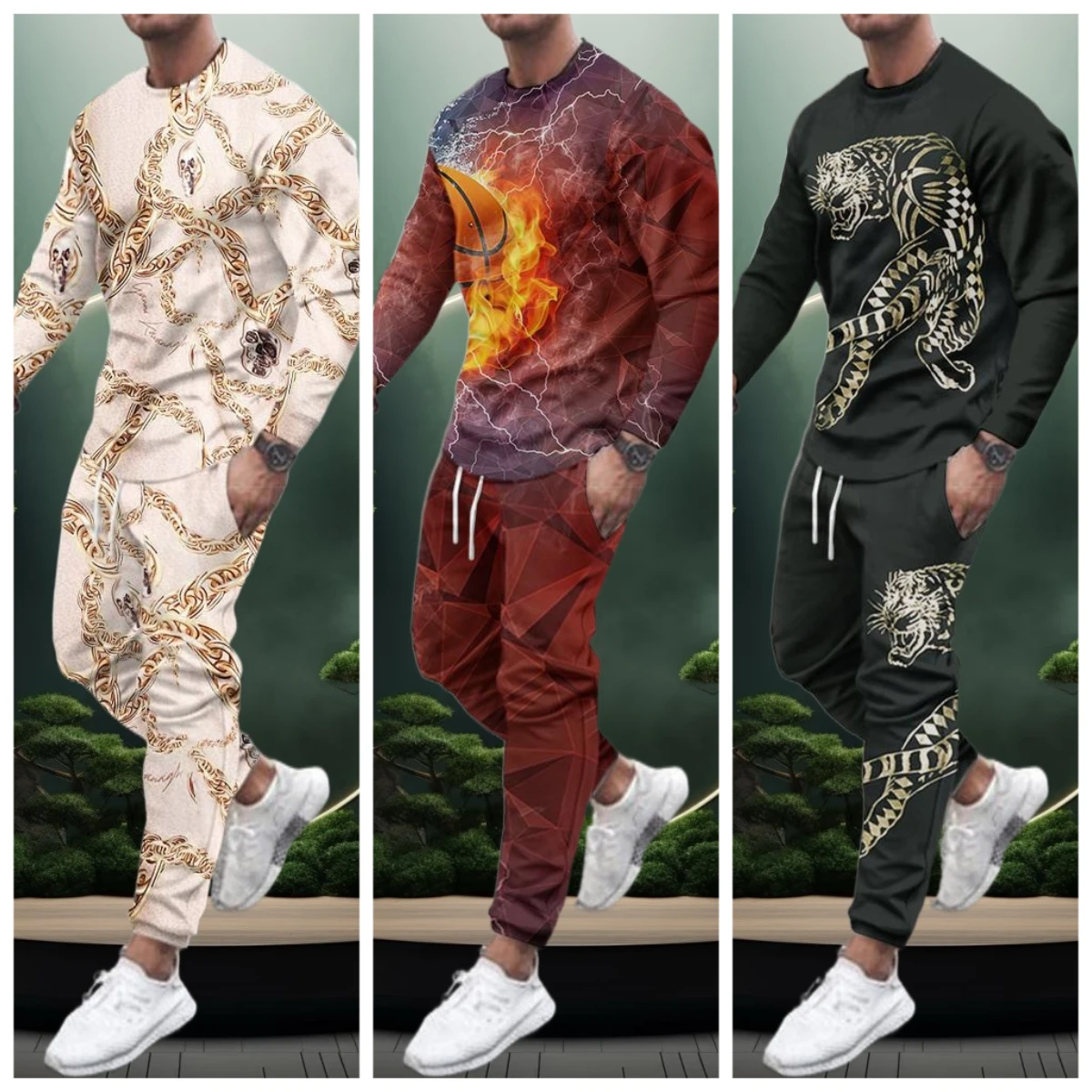 

25 Latest Explosive Suits 3D Printed Ethnic Style Hunting Graffiti Men's Fashion Trend Long Sleeve T-Shirt Pants Set for Adults