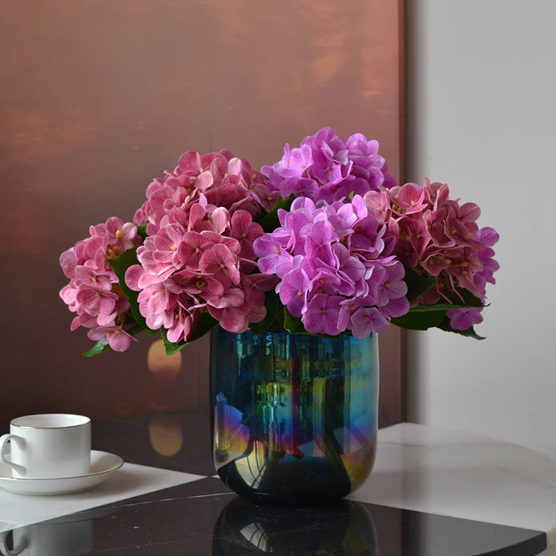 

Realistic 6pcs Mini Hydrangea Real Touch Artificial Flowers Branch with 3 Green Leaves Silk DIY Wedding Home Decor